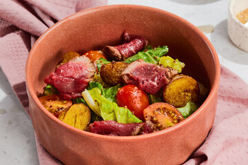 Delicious Roasted Beef and Baked Potato Salad with Fresh Vegetables in a Rustic Bowl**