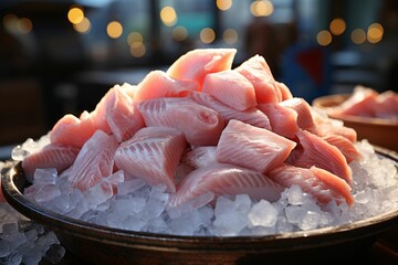Fresh raw fish on ice in bowl, closeup. Seafood