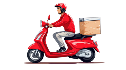 Drawing of a delivery man driving a scooter isolated on a transparent background 
