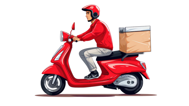 Drawing of a delivery man driving a scooter isolated on a transparent background 