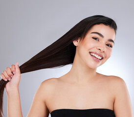 Portrait, studio and healthy hair for beauty, salon and treatment on white background. Conditioner,...