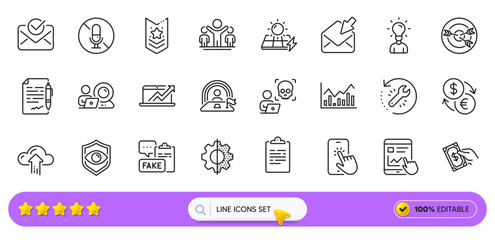 Video conference, Sales diagram and Lgbt line icons for web app. Pack of Currency exchange, Shoulder strap, Winner pictogram icons. No microphone, Eye detect, Internet report signs. Search bar. Vector