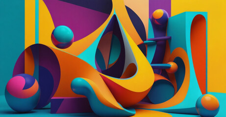 Obraz premium A composition where geometric shapes interact with fluid, three-dimensional forms in a vibrant, tech-inspired color scheme