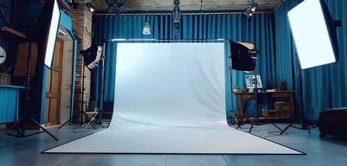 Dynamic photography studio with a versatile backdrop screen mockup, ideal for creative shoots and artistic projects.