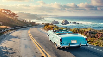 A vintage convertible driving along a scenic coastal road