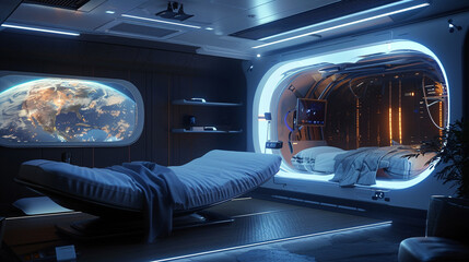 A futuristic bedroom with a holographic display projected on the wall, a smart bed with built-in sleep tracking features, and a futuristic, pod-like recliner. 