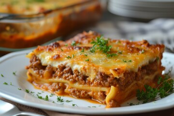 Cheesy Beef lasagne food. Meat sauce. Generate Ai