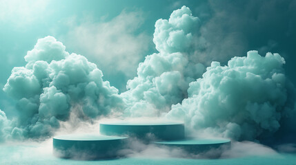 Podium bleu 3D avec nuages de fumée, classe, pour produits