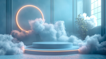 Podium bleu 3D avec nuages de fumée, classe, pour produits