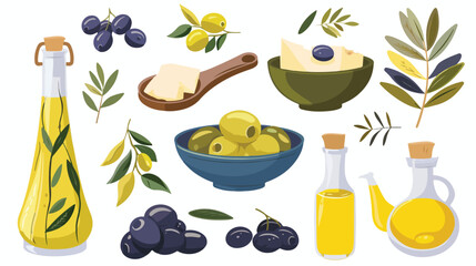 Cartoon olive products. Feta oil greece traditional