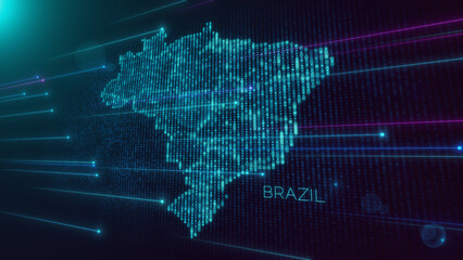 Abstract Futuristic Blue Violet Shiny Perspective Square Hud Particles Mosaic Grid And Text Of Brazil Region Map With Dotted Lines Light Flare