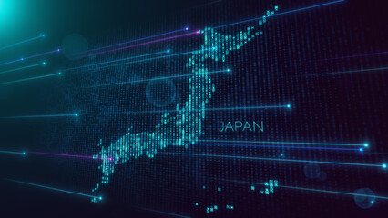 Abstract Futuristic Blue Violet Shiny Perspective Square Hud Particles Mosaic Grid And Text Of Japan Region Map With Dotted Lines Light Flare