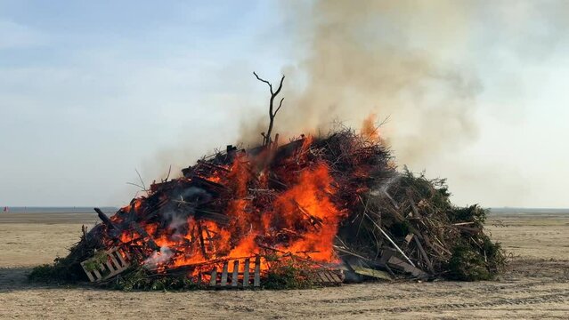 Easter fire bonfire pire made from scrap wood forest cutting burning violent with orange flames and smoke on beach celebration on the Frisian Wadden island Terschelling the Netherlands