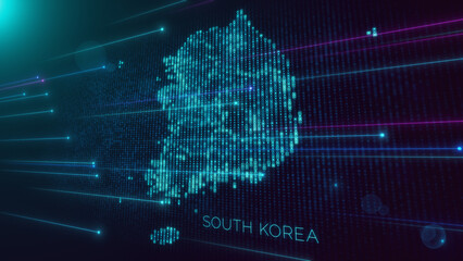 Fototapeta premium Abstract Futuristic Blue Violet Shiny Perspective Square Hud Particles Mosaic Grid And Text Of South Korea Region Map With Dotted Lines Light Flare