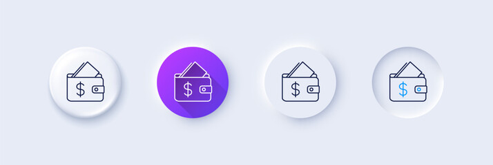 Wallet line icon. Neumorphic, Purple gradient, 3d pin buttons. Affordability sign. Cash savings symbol. Line icons. Neumorphic buttons with outline signs. Vector