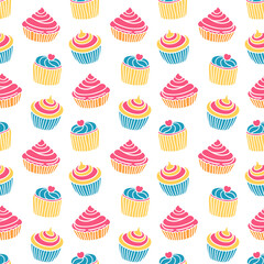Bakery seamless pattern cupcake and muffin doodles