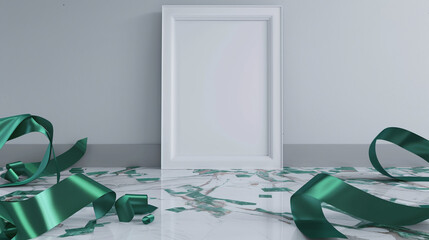 Ultra HD 3D rendered mockup of an empty room with a white picture frame, emerald green ribbons, and a marble floor.