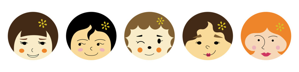 Various characters, comely girlish faces. Head shapes, different stickers, girl guise. Cartoon vector illustration.