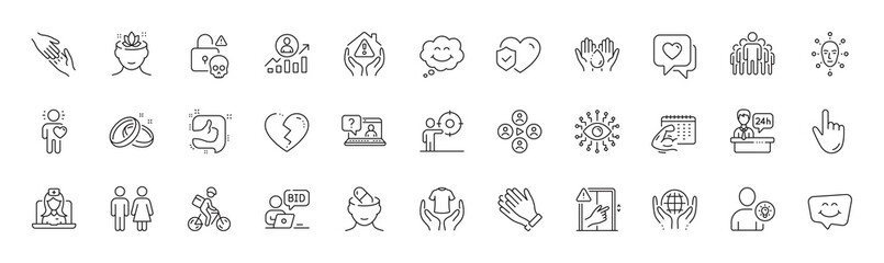 Yoga mind, Online auction and Organic tested line icons. Pack of Wedding rings, Reception desk, Group icon. Cursor, Friend, Artificial intelligence pictogram. Fitness calendar. Line icons. Vector