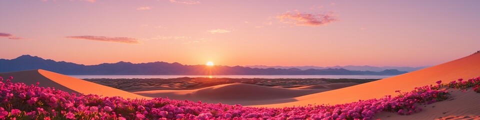 A breathtaking sunset over a desert expansion. Tropical beach at sunset. An empty beach in the rays of the pink sunset sun. Pink flowers grow in the sand.