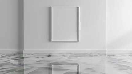 Minimalist 3D rendered mockup of a blank frame on a white wall in a room with an acrylic floor. Ultra HD, high-quality image.