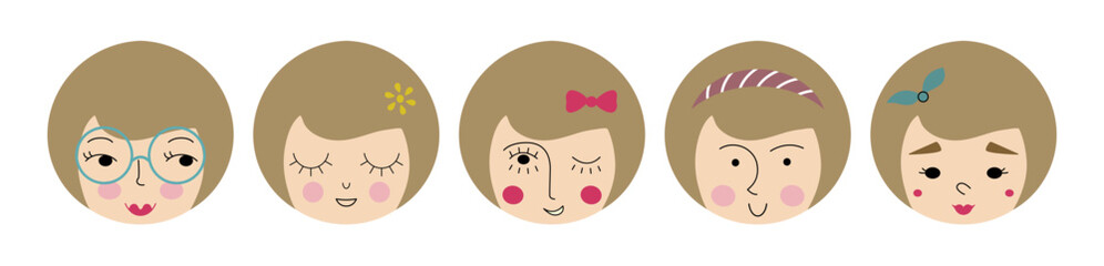 Diverse personages, beautiful girlish faces. Emoji faces, variety impressions, female face. Cute creative vector design.