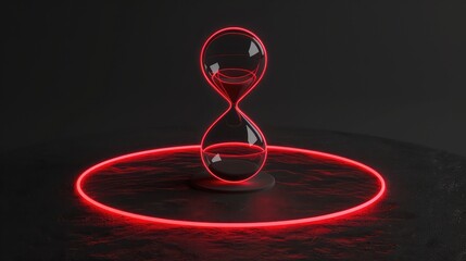 Neon 3D image of hourglass shaped black clay sculpture surrounded by a red laser circle on a plain black background ,Glow effect,Ribbon glint. Abstract rotational border lines, Power energy