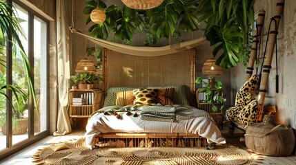 A jungle-themed bedroom with a leaf canopy, animal print pillows, and a bamboo ladder shelf. 