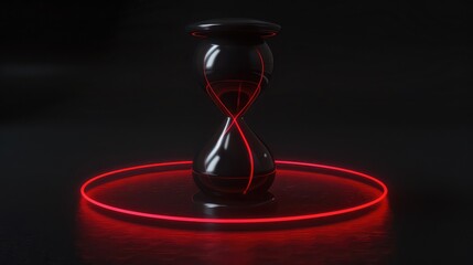 Neon 3D image of hourglass shaped black clay sculpture surrounded by a red laser circle on a plain black background ,Glow effect,Ribbon glint. Abstract rotational border lines, Power energy