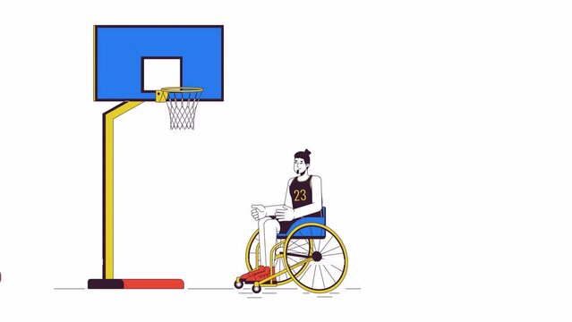 Disabled caucasian man throwing ball line 2D character animation. Sport with disability flat color cartoon 4K video, alpha channel. Wheelchaired basketball player animated person on white background