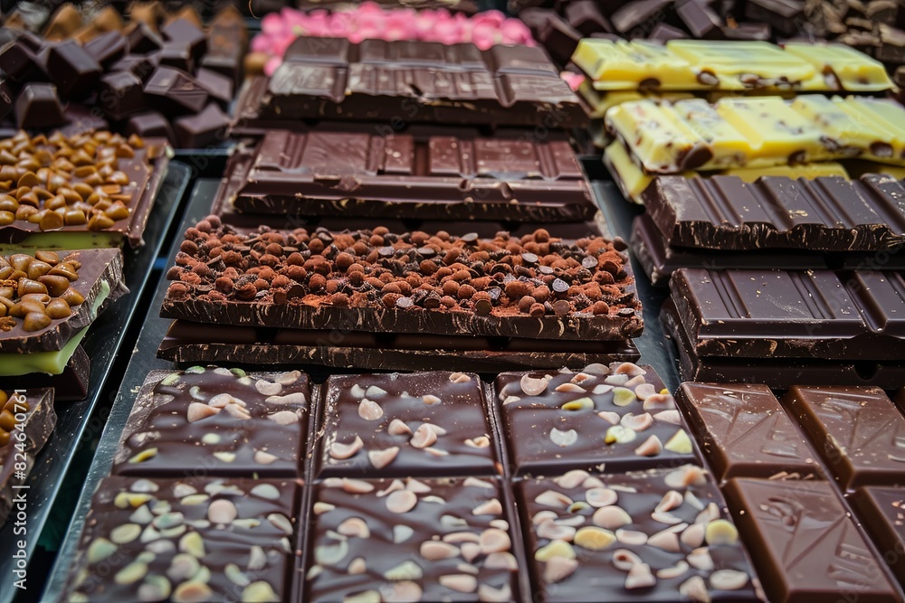Poster a display case showcasing a wide variety of chocolate bars in different flavors and types, with rich