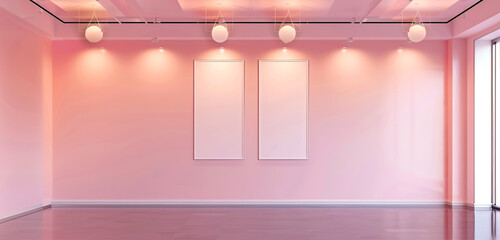 Panoramic mock up poster gallery with powder pink wall, glossy floor, and contemporary ceiling lights.
