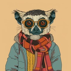 A lemur wearing a scarf and a jacket