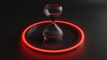 Neon 3D image of hourglass shaped black clay sculpture surrounded by a red laser circle on a plain black background ,Glow effect,Ribbon glint. Abstract rotational border lines, Power energy