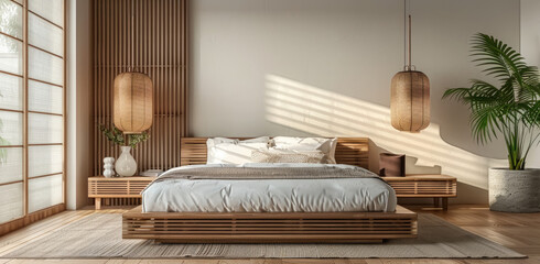 Hotel bed room interior design with white walls, wooden floor, side tables and lights. Created with Ai