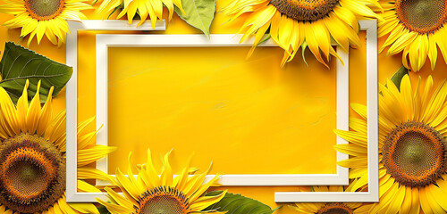White frame for paintings or photographs on sunflower yellow background, modern exhibition style,