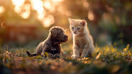 In a lush field, a sweet puppy and kitten enjoy each other's company - Powered by Adobe