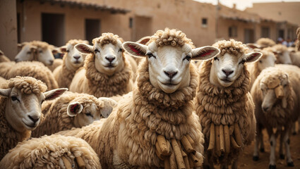 Obraz premium A group of sheep are standing in a pen looking at the camera.