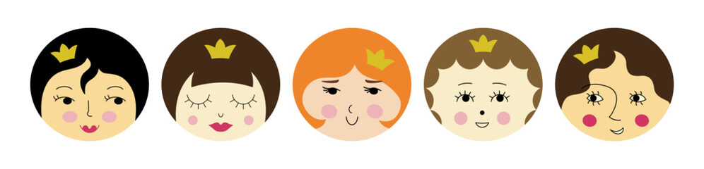 Diverse personages, beautiful girlish faces. Cartoon mascots, variety feelings, female look. Cute creative vector design.
