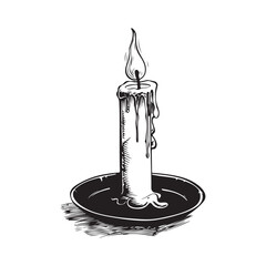 Burning candle in vintage candlestick. Hand drawn isolated vector illustration on white background