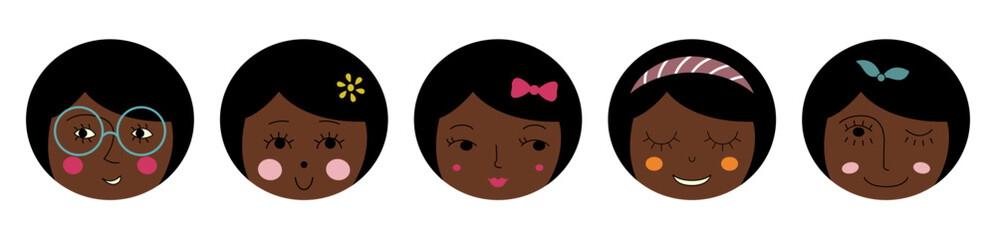 Personage pack, comely girlish faces. Emoji stickers, variety emoticons, girl guise. Editable flat illustration.