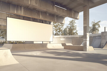 Modern skate park with a blank billboard, 3D rendered for youth-oriented ads, highlighted with a light border.