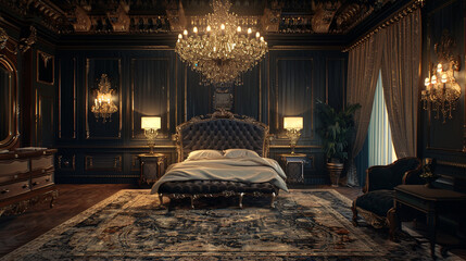 A luxurious bedroom with a massive, tufted headboard, a plush, velvety-soft carpet, and a stunning,...