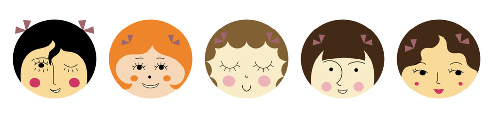 Avatar bundle, handsome girlish faces. Character icons, variety impressions, girl appearance. Flat vector illustration.