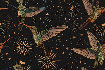 Seamless pattern with vintage ornaments and birds