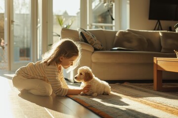 A young girl is laying on the floor next to a dog in a bright living room