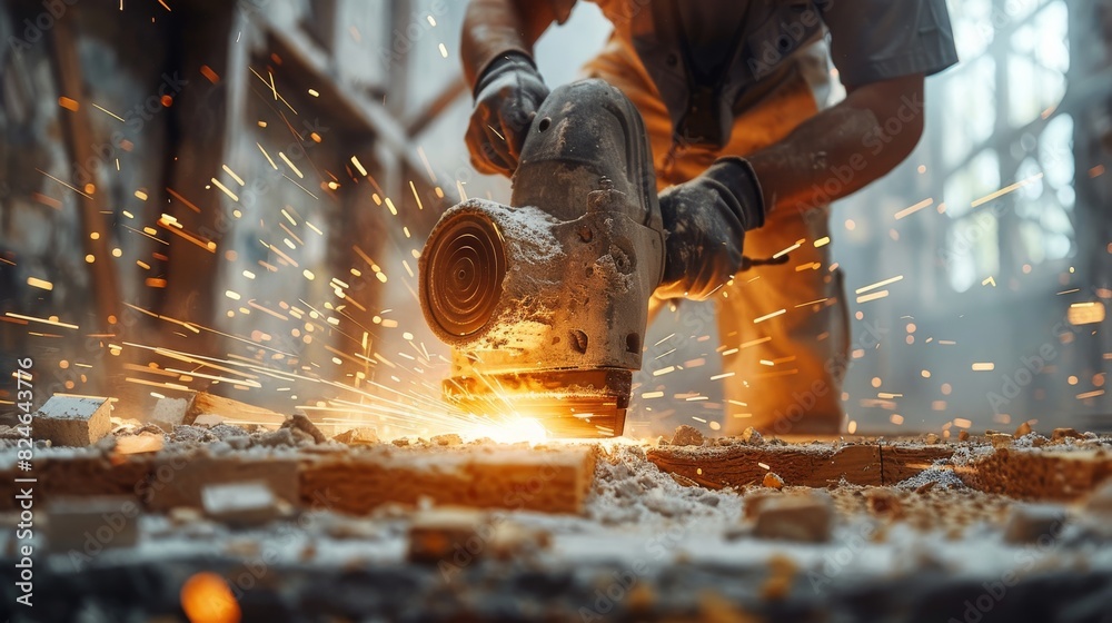 Leinwandbilder using an angle grinder, the builder cuts bricks and constructs interior walls. generative ai.
