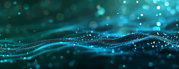 Abstract digital background with glowing blue dots and black lines on dark green, forming a wave pattern with light particles. This high-quality image showcases a big data technology concept with ultr