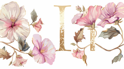 Letter T botanical pink and gold monogram floral alphbet