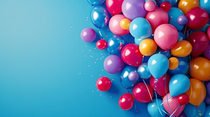 Colorful birthday celebration balloons on a solid blue background, with ample blank space for text